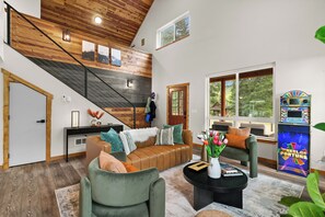 Smart TV, fireplace, books