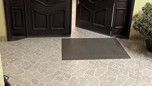 Een paar dubbele deuren met decoratieve glaspanelen en een deurmat ervoor.