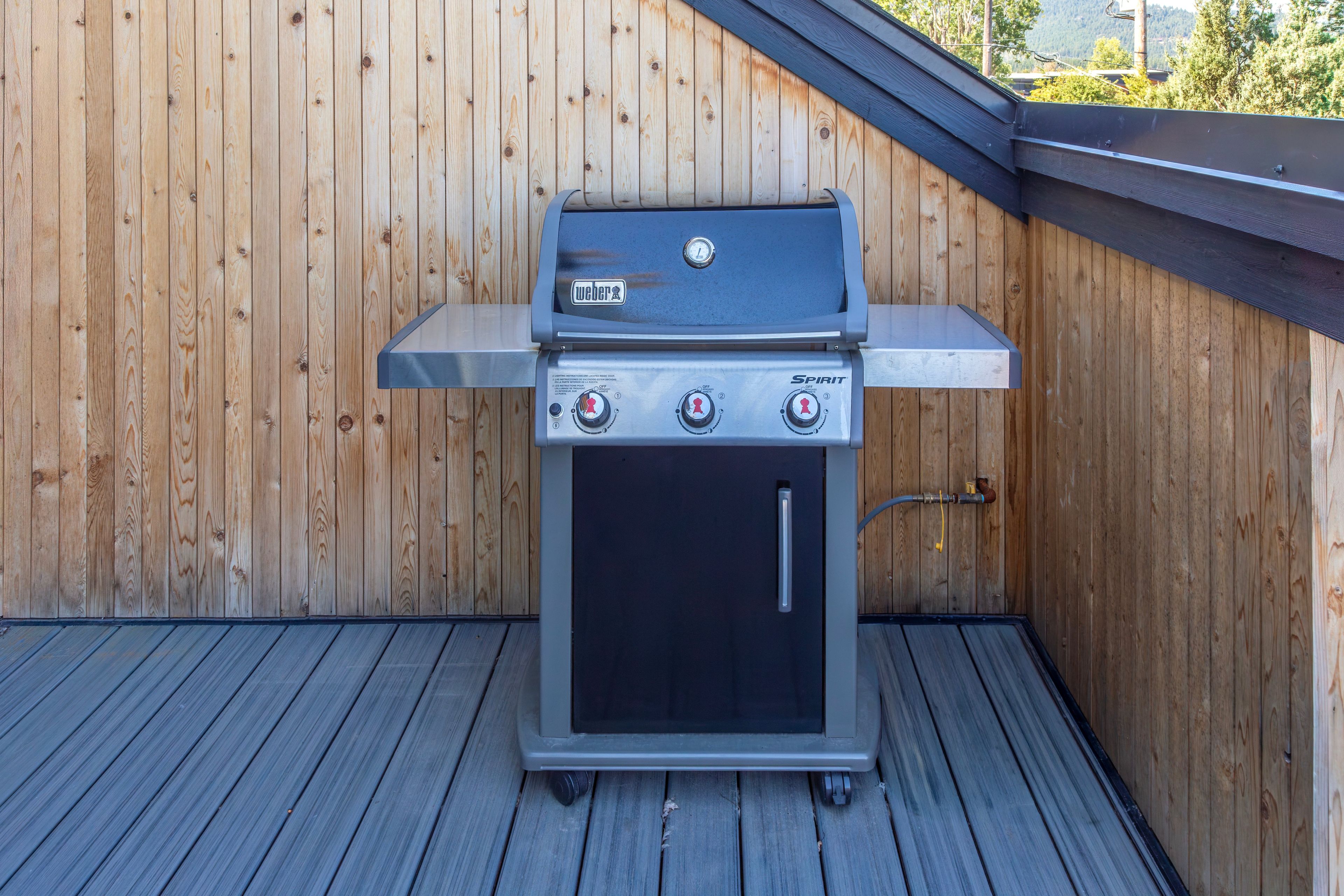 Ein tragbarer Gasgrill mit digitalem Display und zwei Brennern, auf einem Wagen mit Rädern, vor einer Holzwand.