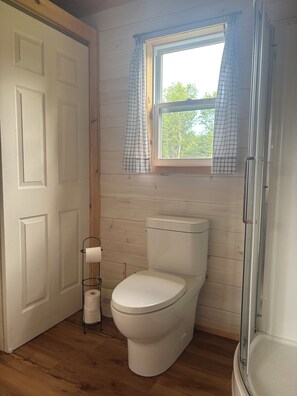 Shower, hair dryer, towels, toilet paper