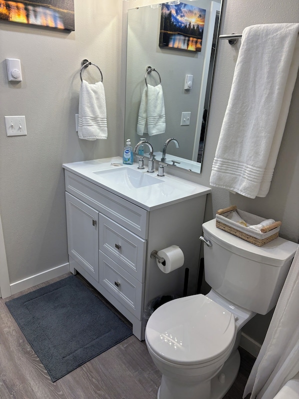 A bathroom with a white sink, two towel rings, a toilet, a mirror, and a small basket on the toilet tank. - New apartment on Main Street in Mackay (Mackay)