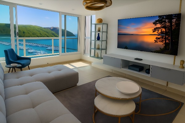This space does include a balcony, accessed through large sliding glass doors .