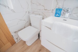 Hair dryer, towels, soap, toilet paper