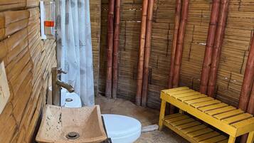 Shower, towels, soap, toilet paper