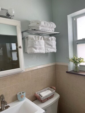 A bathroom with a white sink, a toilet, a towel rack with folded towels, a mirror, and a window with a vase of flowers.