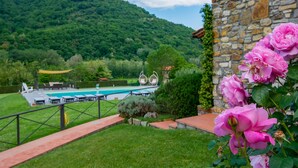 A pool area with a stone wall and pink roses in the foreground.