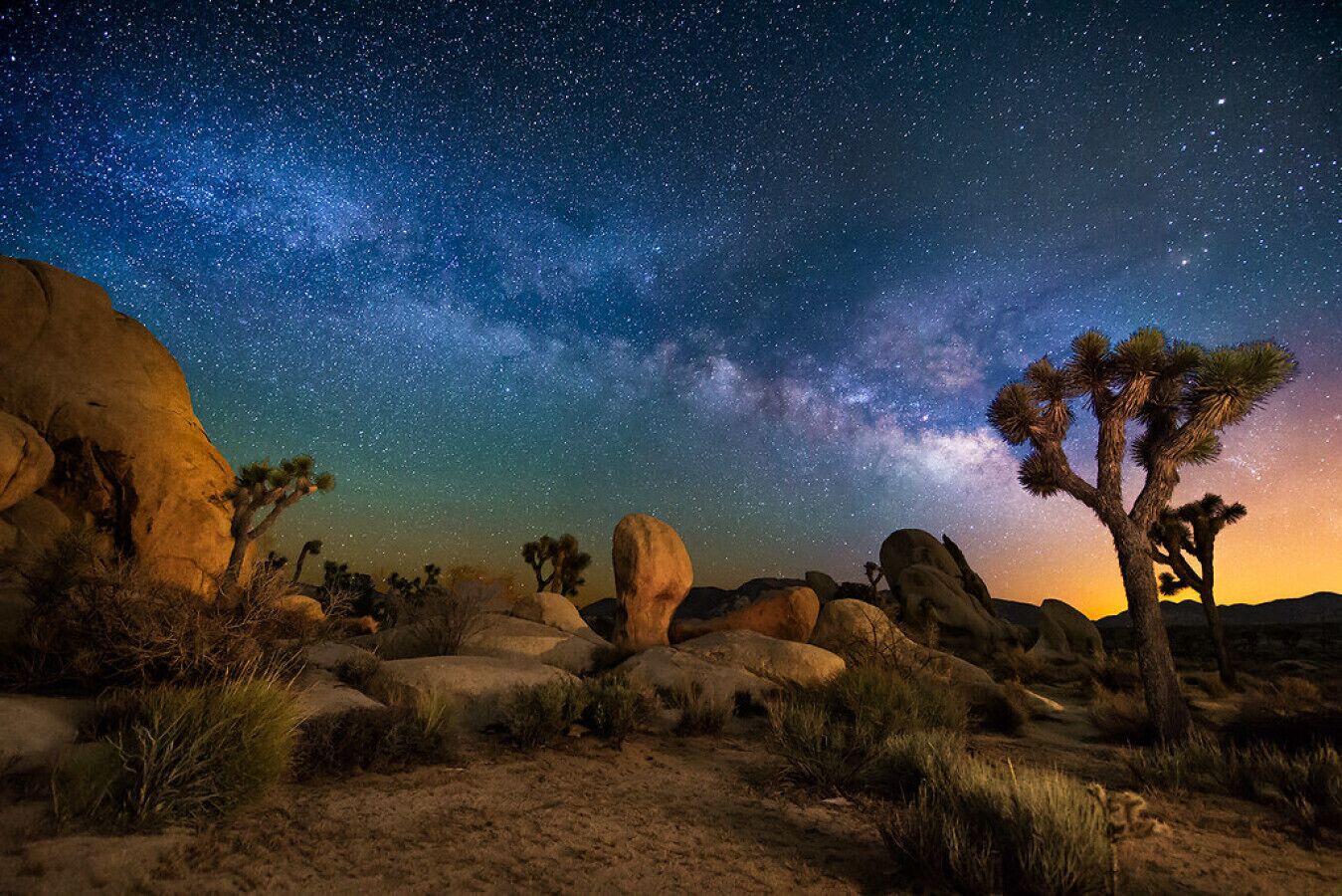 Paisaje desértico con árboles de Josué y grandes rocas bajo un cielo estrellado.