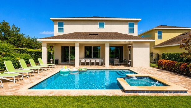 A two-story house with a swimming pool, outdoor seating, and a patio area. - Stunning 9BR/8.5BA Retreat with Private Pool & SPA-280CW (Kissimmee)