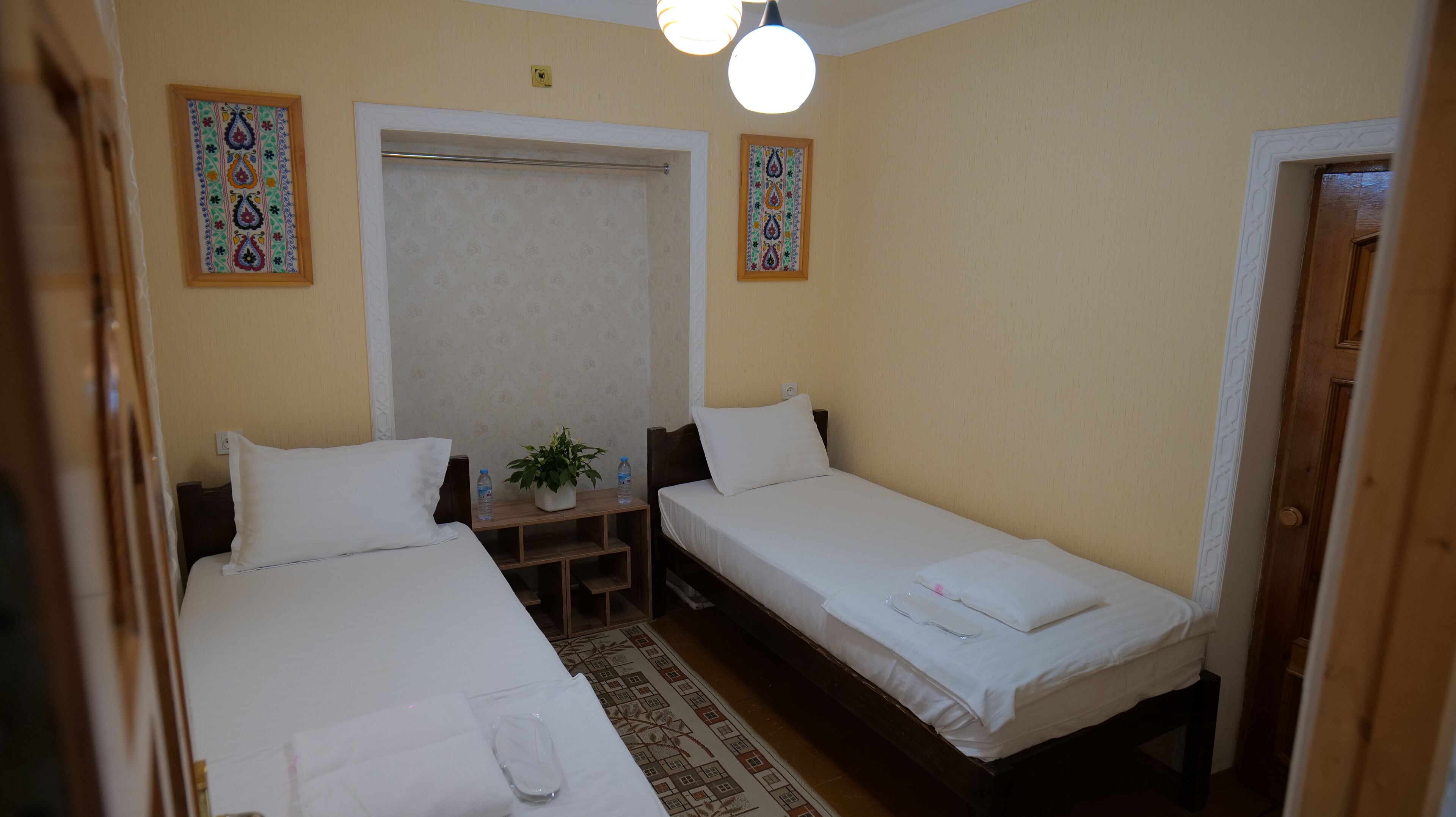 A small, clean room with two single beds, a small table with a plant, and a shower area.