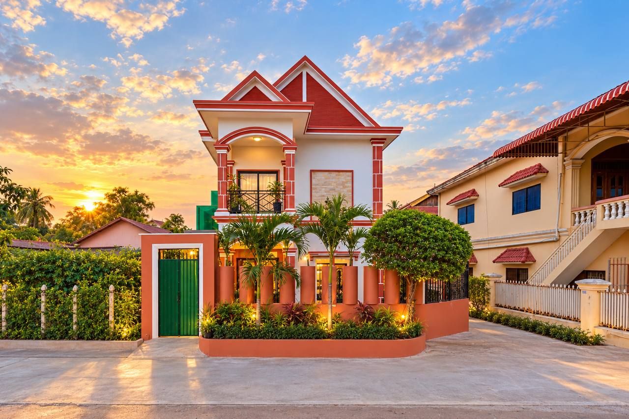 Uma casa de dois andares com fachada vermelha e branca, um portão verde e um jardim bem cuidado.