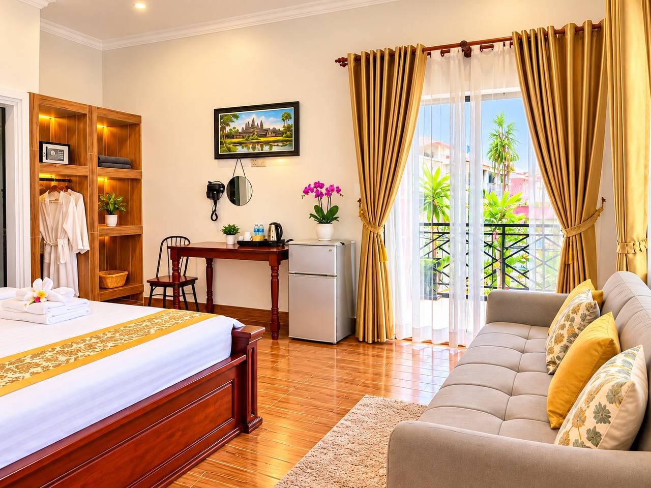 A hotel room with a bed, a sofa, a desk with a chair, a small refrigerator, a picture on the wall, and a view of greenery outside.
