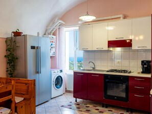 Fridge, oven, cookware/dishes/utensils