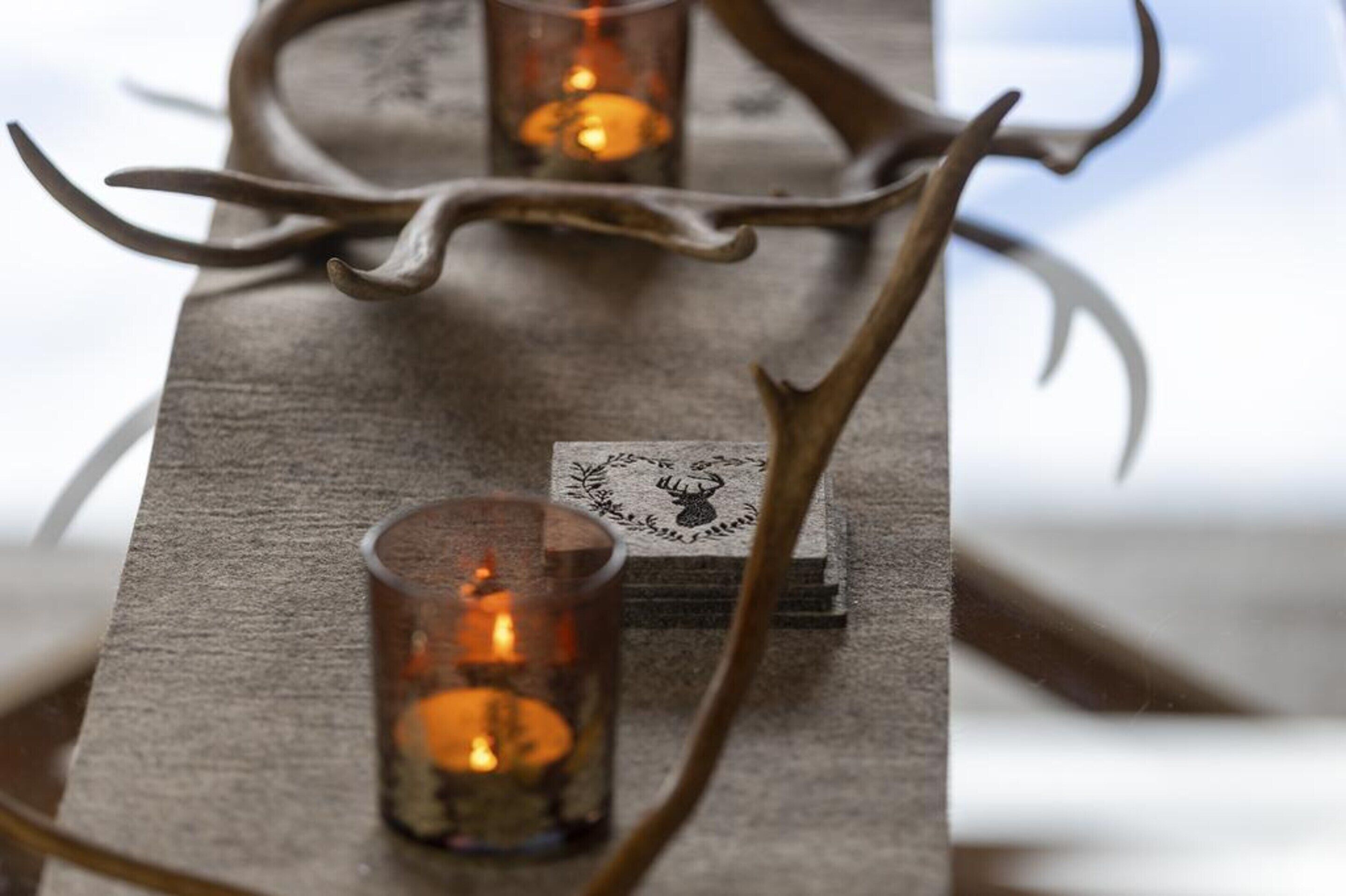 A candle holder with a deer head design and two candles.