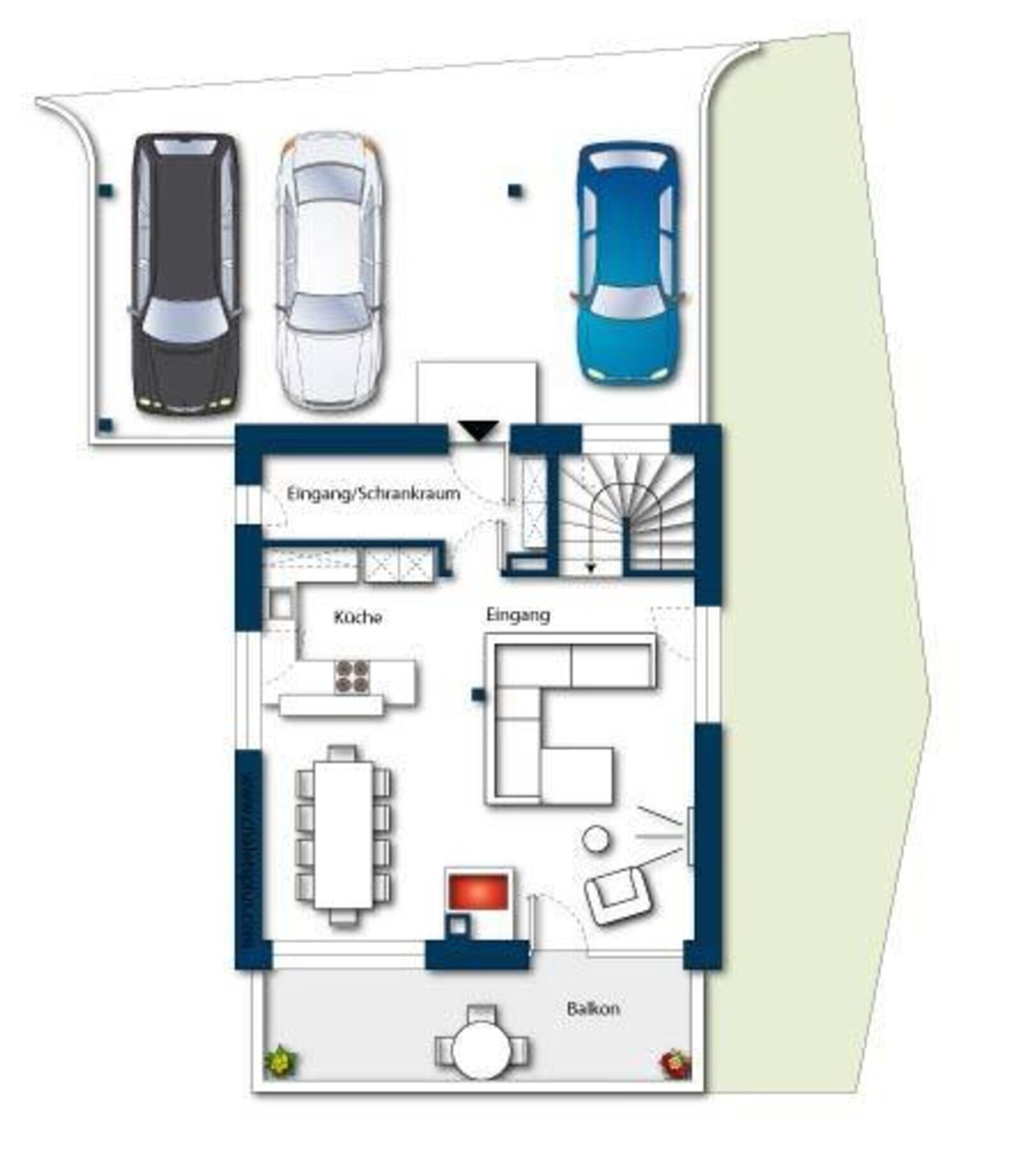 A floor plan of a hotel with a dining area, kitchen, and a balcony.