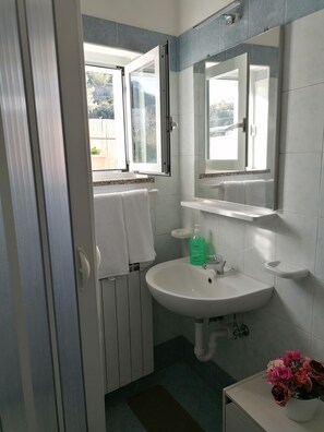 Douche, sèche-cheveux, bidet, serviettes fournies