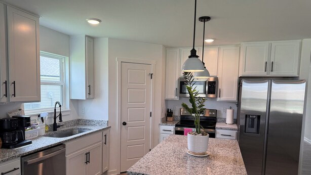 A modern kitchen with white cabinets, stainless steel appliances, granite countertops, and a central island with a potted plant.