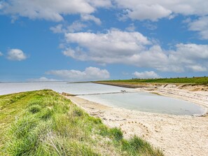 A coastal landscape with a sandy beach, grassy areas, and a calm sea under a partly cloudy sky.