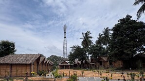A rural setting with traditional wooden huts, a central stone pathway, and a tall communication tower in the background.