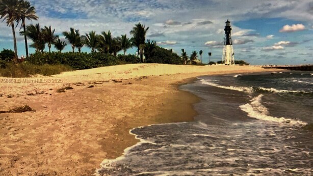 A beach with a lighthouse, palm trees, and ocean waves.