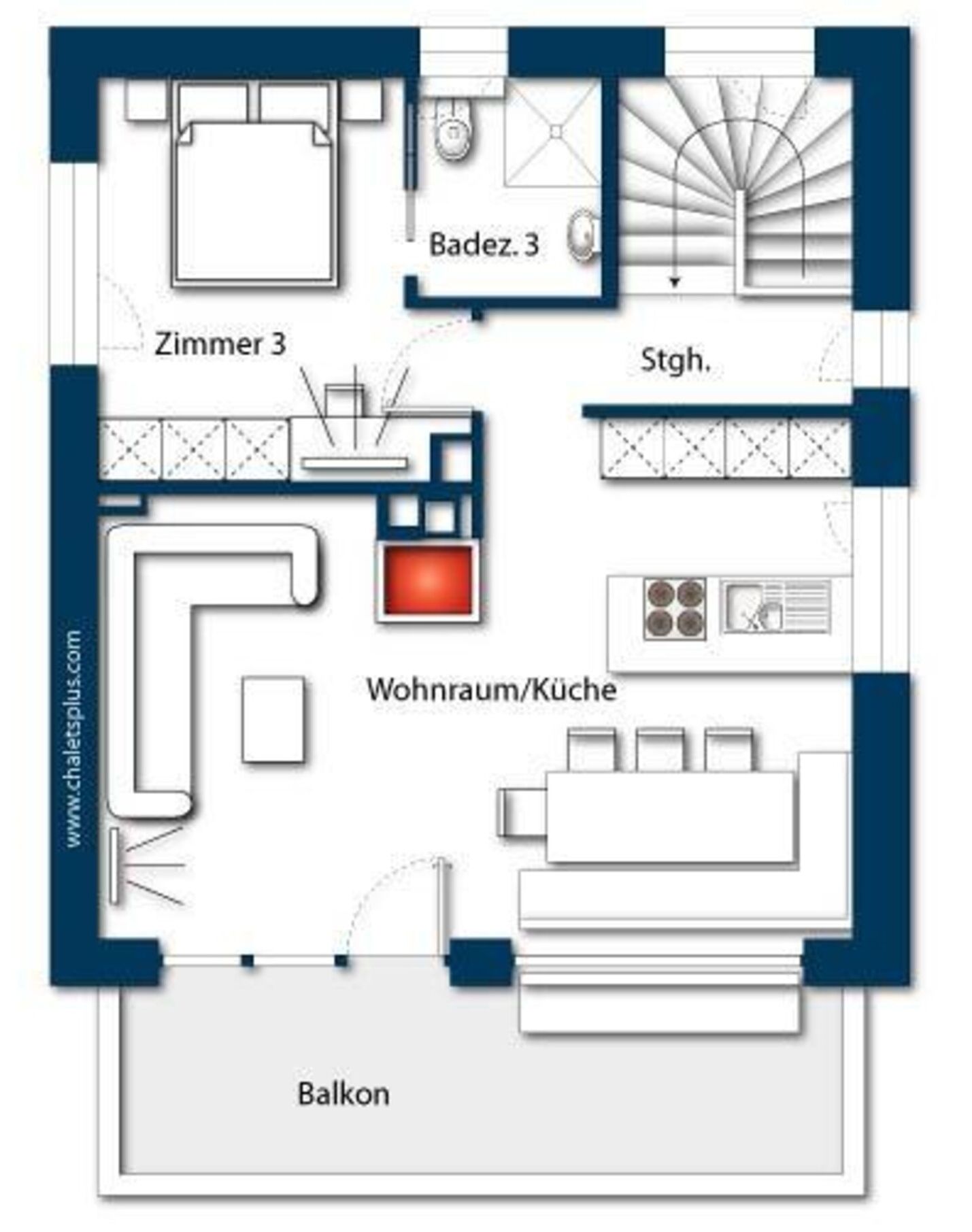Een plattegrond van een hotelkamer met een kitchenette, een badkamer en een balkon.