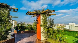 A rooftop garden with a pathway, greenery, and a view of the cityscape.