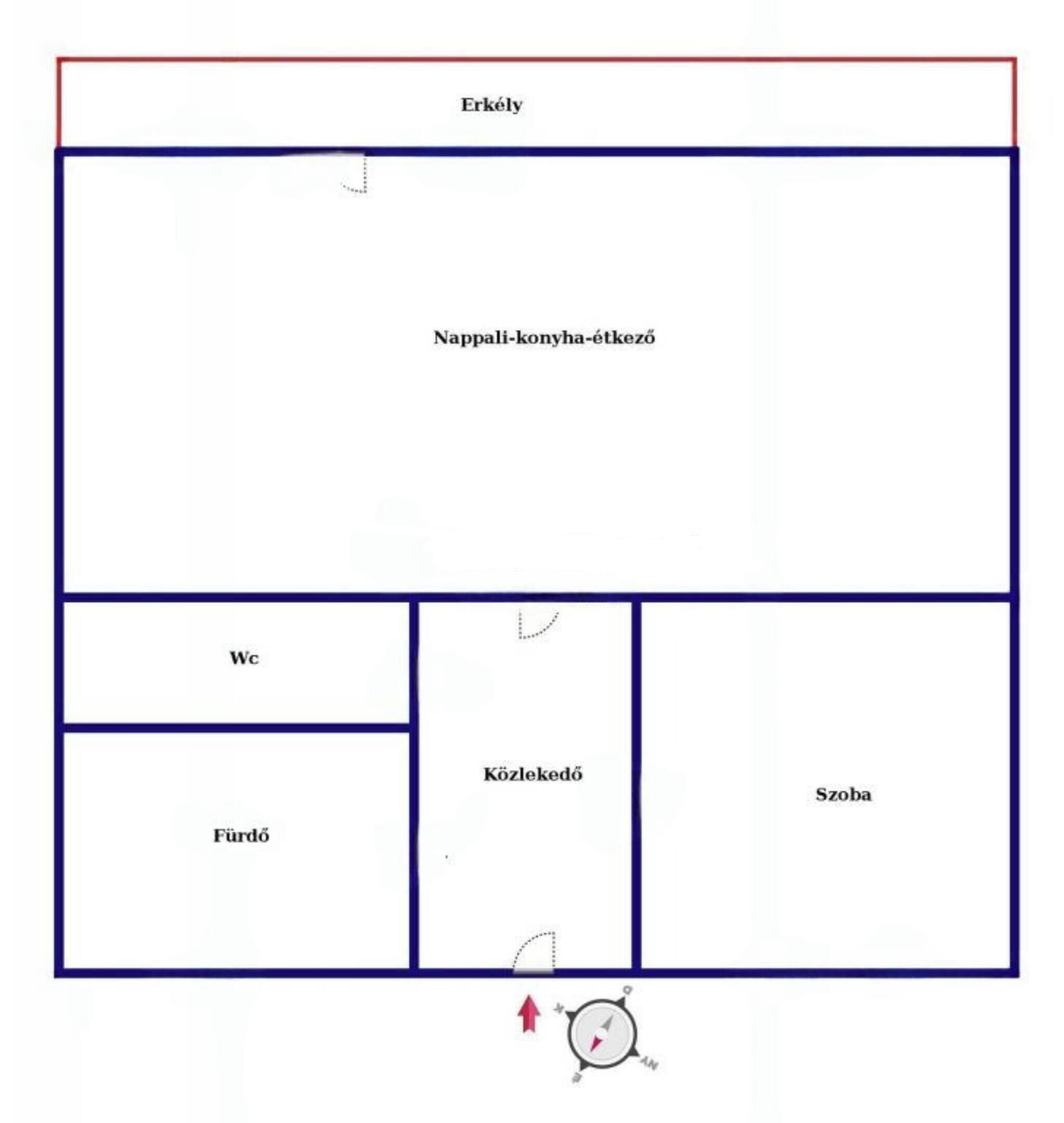 Plan d’un hôtel avec les pièces suivantes, toutes clairement indiquées : Erkely, Nappali-konyha-étkező, Wc, Fürdő, Közköledő et Szoba.
