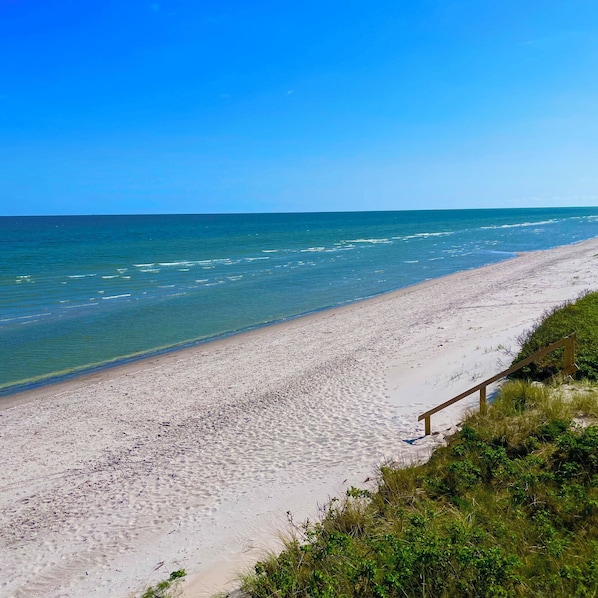 Ein Strand mit klarem, blauem Wasser, sandigem Ufer und einem Holzzaun.
