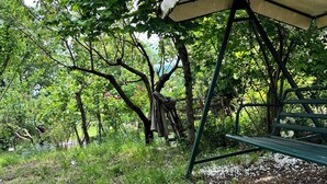 A covered outdoor seating area with a bench, surrounded by lush greenery and trees. - La Fonte B&B (Baranello)