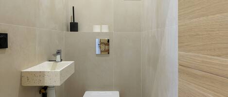 Regadera, secadora de cabello, toallas