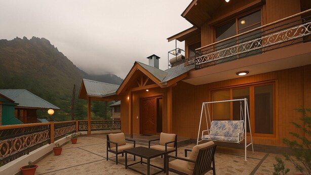 Uma casa de madeira com varanda, área de estar externa e um balanço.
