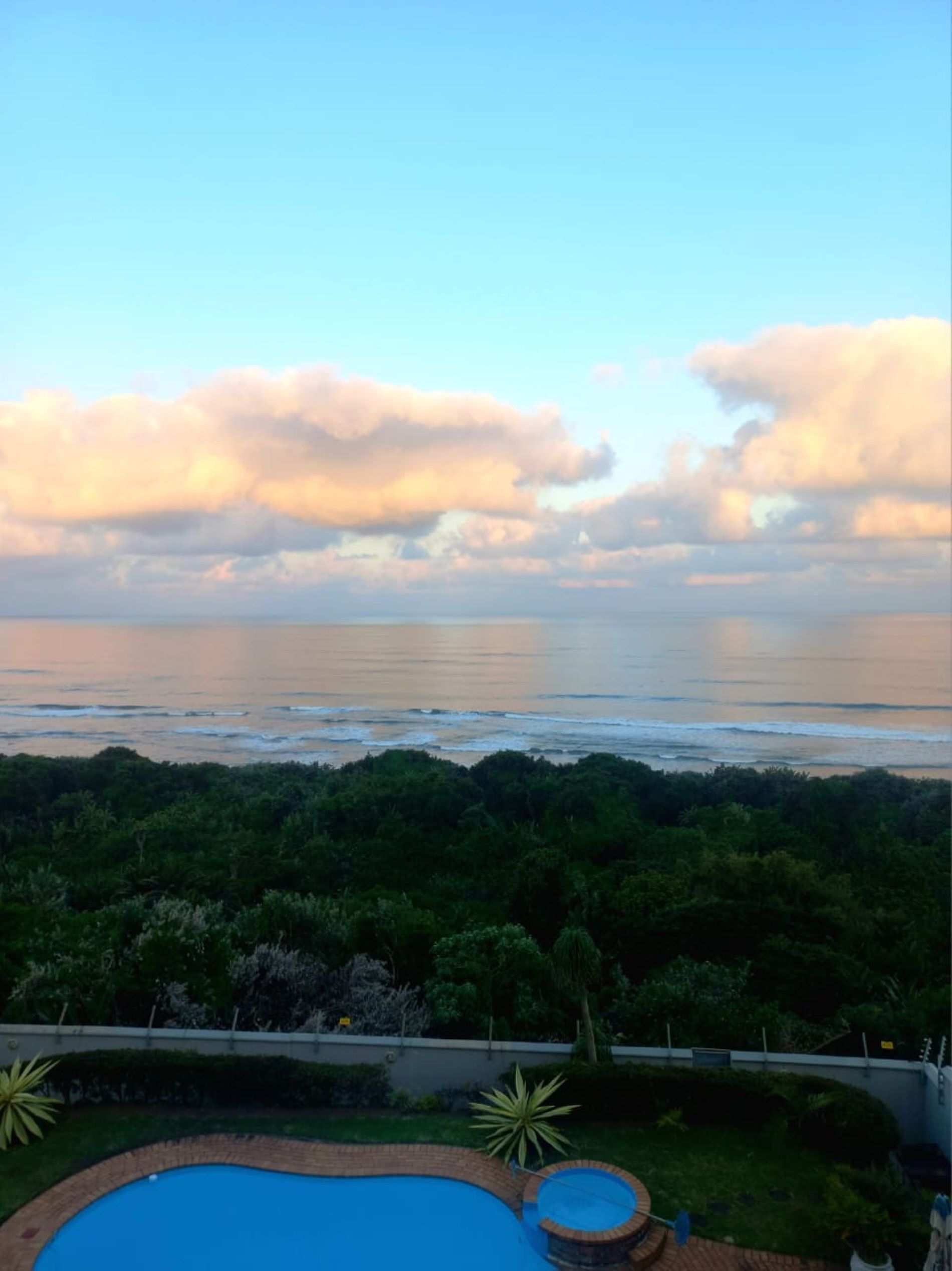 A swimming pool with a view of the ocean and a forested area.