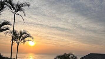 A sunset view from a building with a tiled roof, palm trees, and a body of water in the background.