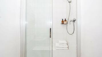 Shower, hair dryer, towels, shampoo