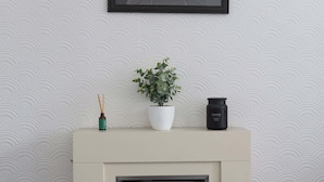A minimalist living room with a fireplace, a framed abstract painting, a potted plant, and a candle holder.