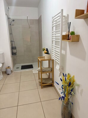 Dusche, Haartrockner, Handtücher, Toilettenpapier