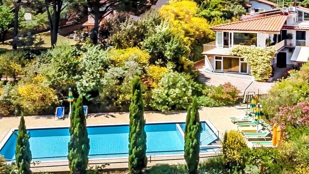 A swimming pool surrounded by tall cypress trees, with a view of a house and lush greenery in the background. - Beautiful  villa with A/C, private pool, WIFI, TV, terrace, pets allowed and panoramic view (Montelupo Fiorentino)