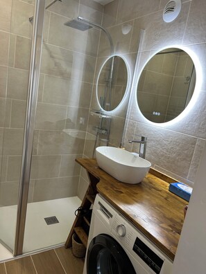 Shower, hair dryer, soap