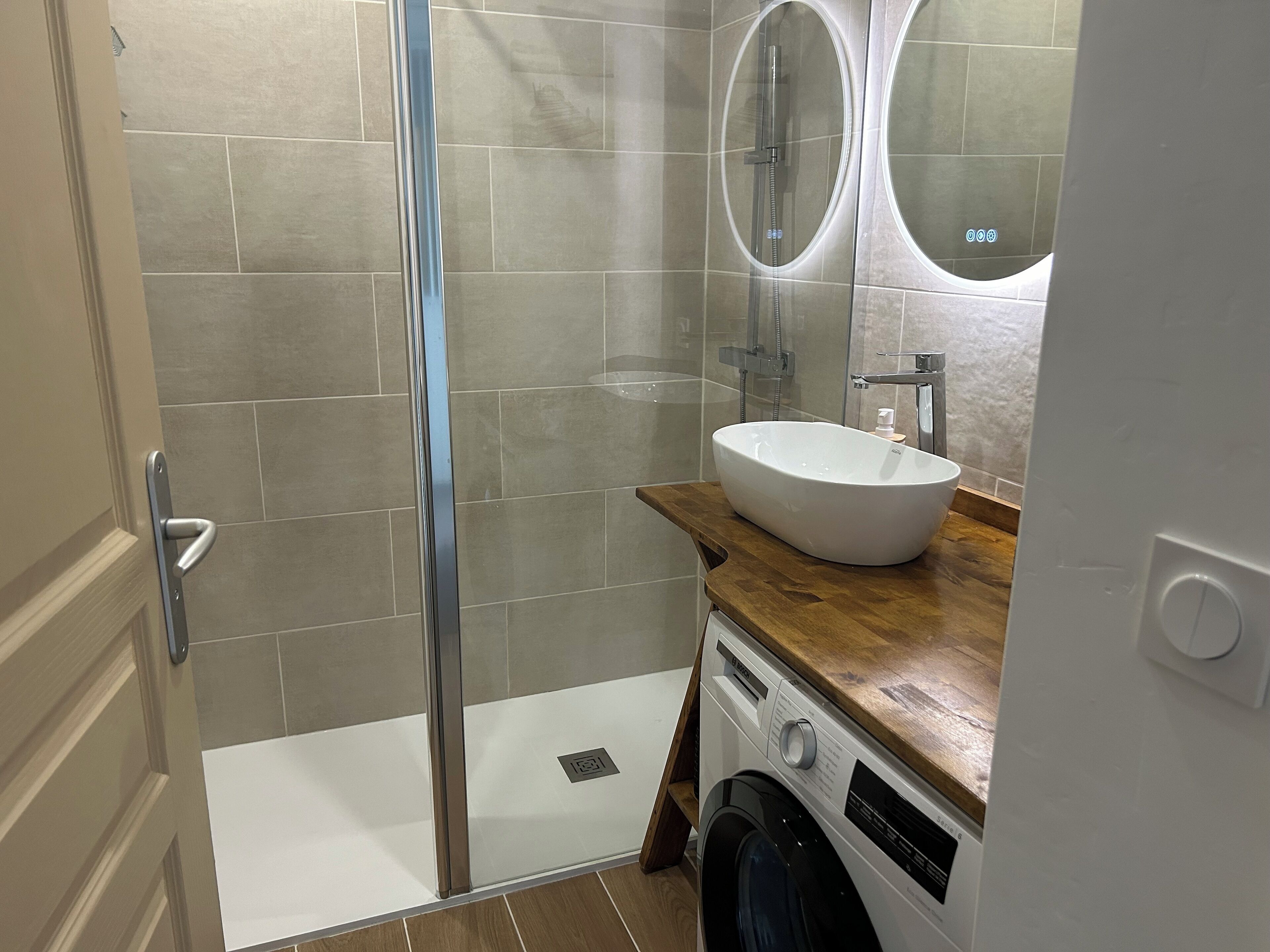 Shower, hair dryer, soap