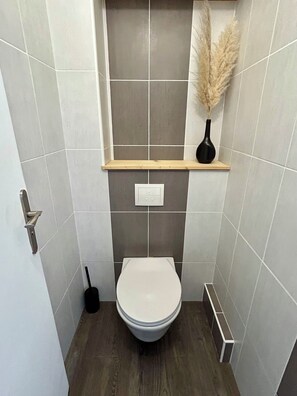 Douche, séchoir à cheveux, serviettes fournies, savon
