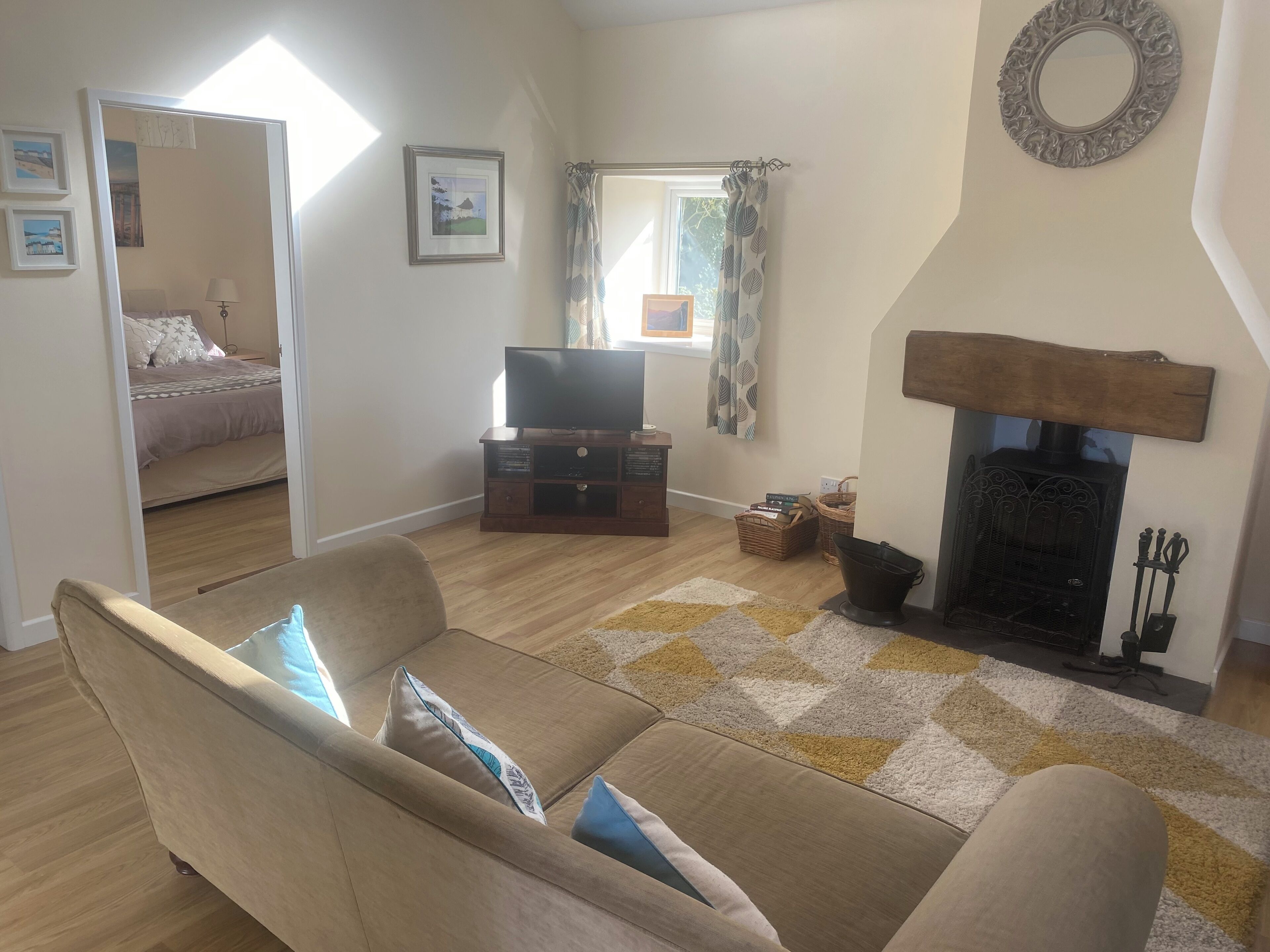 Smart TV, caminetto, lettore DVD, libri