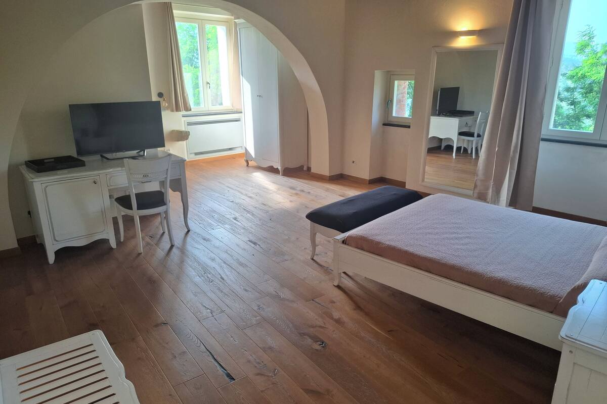 Huoneessa on sänky, työpöytä, tuoli, televisio ja peili.