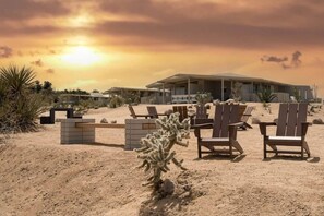 A desert landscape with a modern building, lounge chairs, and a cactus plant.