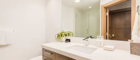 A modern bathroom with a white sink, wooden cabinets, a mirror, and a potted plant.