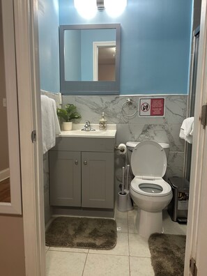 Haartrockner, Handtücher, Seife, Toilettenpapier