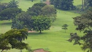 Een golfbaan met een duidelijke route, bomen en een zandbunker.