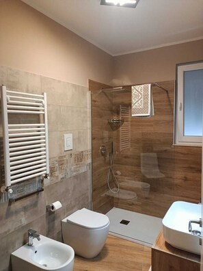 Shower, hair dryer, bidet, towels