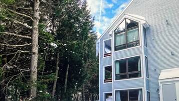 A two-story building with a modern design, surrounded by trees and covered in snow.