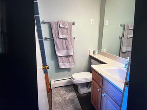 Regadera, tina de hidromasaje, secadora de cabello, toallas