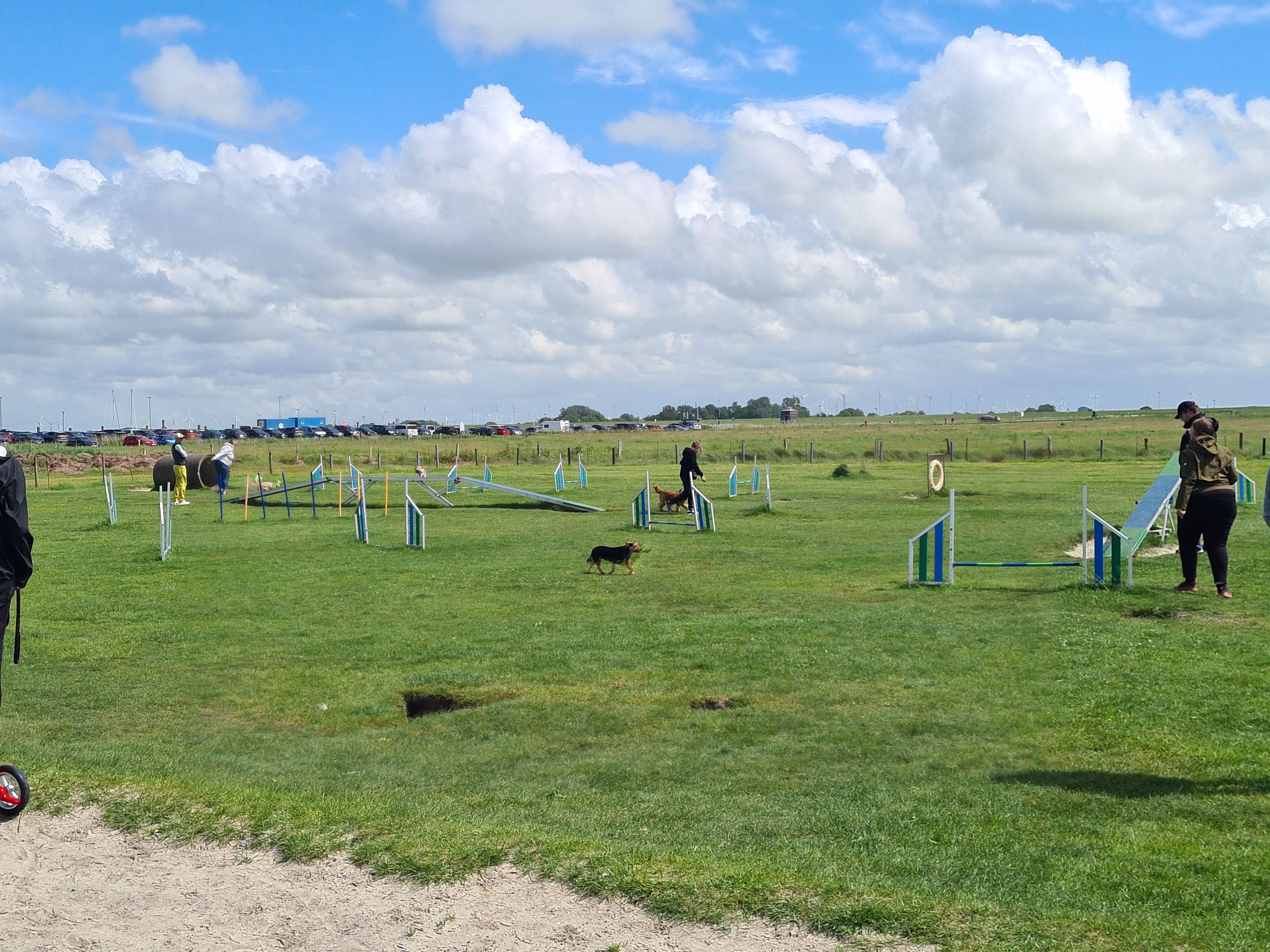 An outdoor obstacle course with various hurdles and a grassy field.