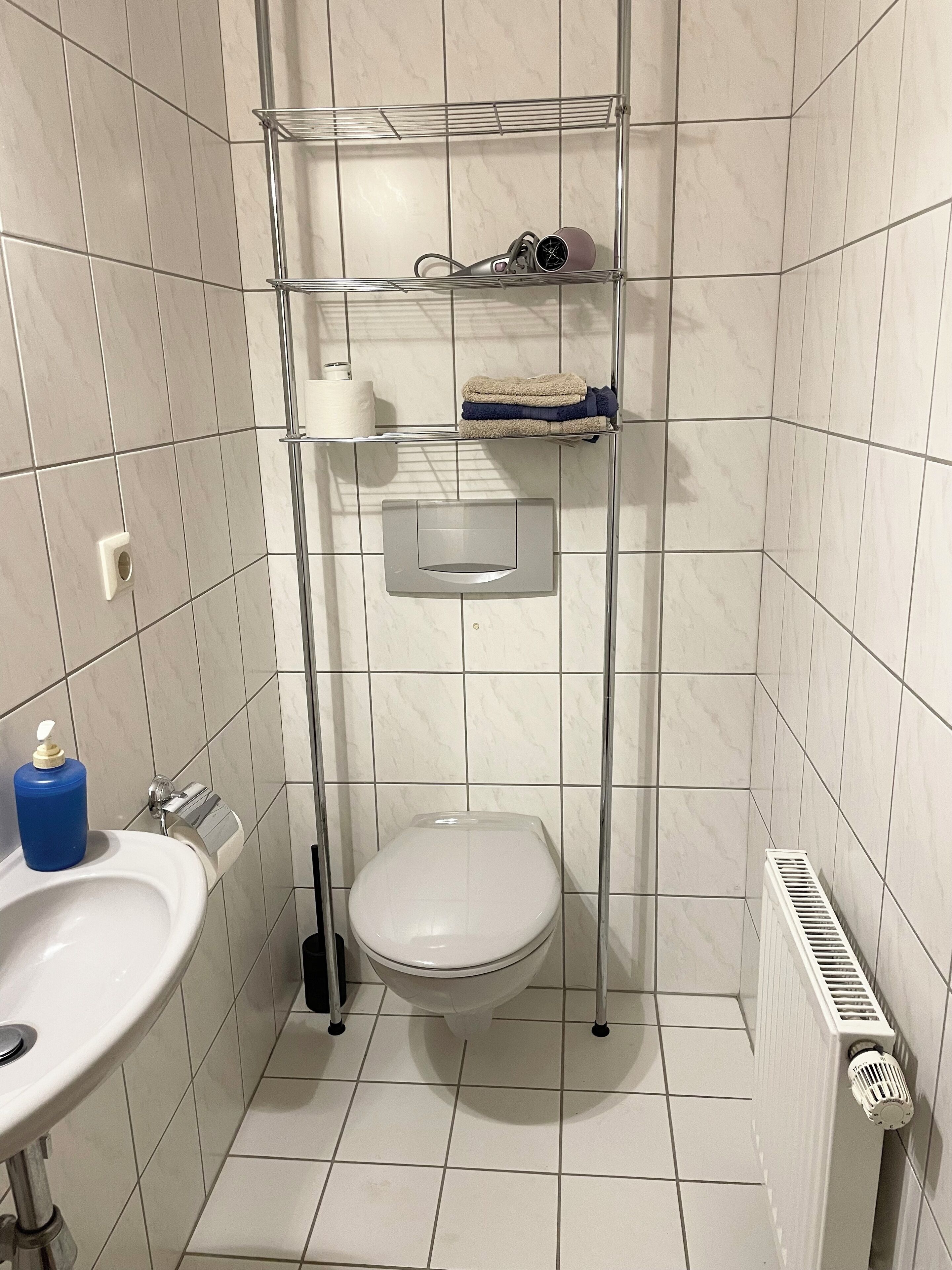 Ein Badezimmer mit Toilette, Waschbecken, Handtuchhalter und Heizkörper.